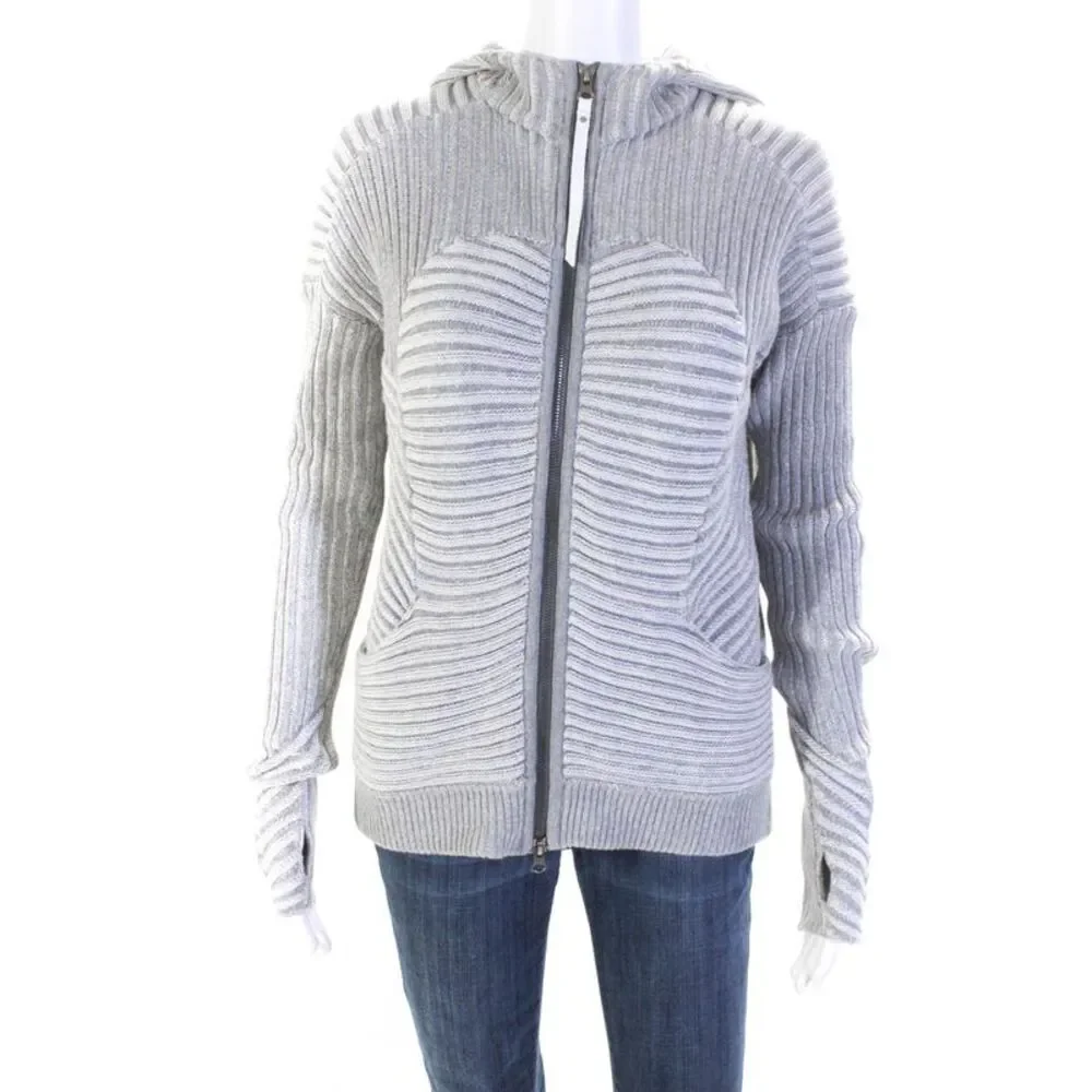 Lululemon Womens Cotton Knit Striped Full Zip Hooded Sweater Jacket Gray Size 10